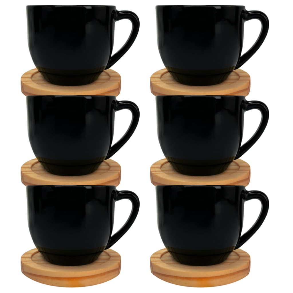 Jogo de Xícara Chá Café 6 unidades Grande Preta 170ml com Pires de Madeira Cozinha