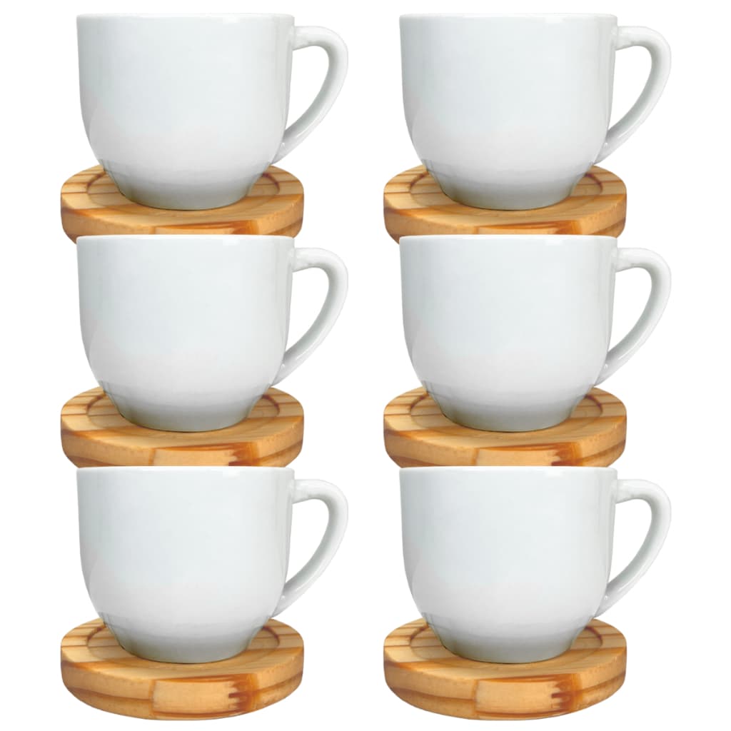 Jogo de Xícara Chá Café 6 unidades Caneca Grande Branca 170ml com Pires de Madeira Cozinha