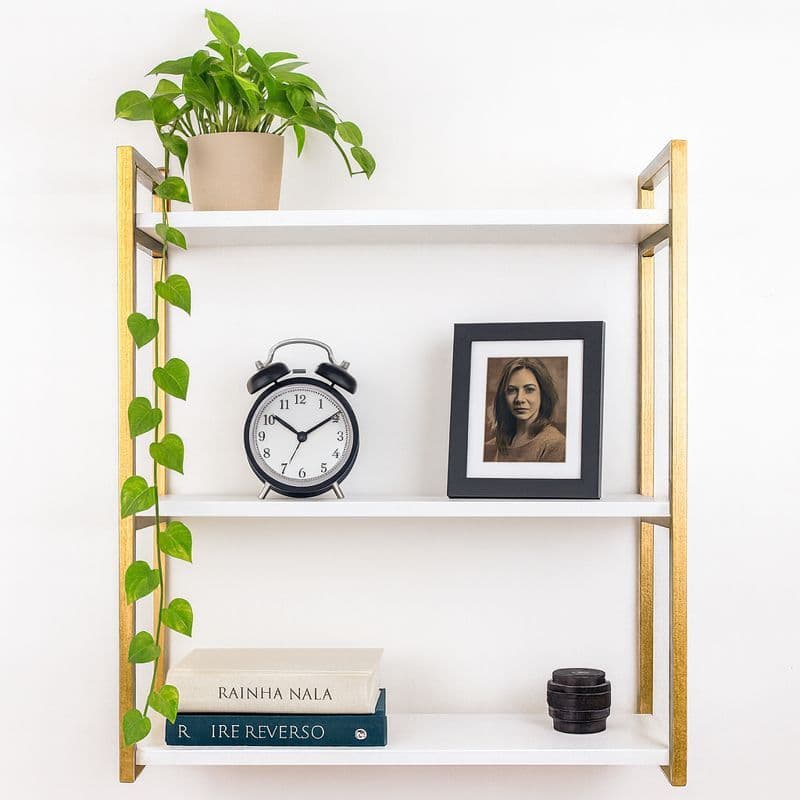 Prateleira Decorativa Suspensa 3 Nichos MDF e Aço Organizador para Sala Quarto Banheiro