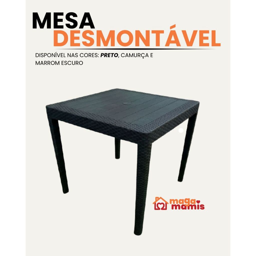 Mesa Quadrada Rattan 80cm Preta – Desmontável, Linda e Prática para Cozinha e Jardim 🖤✨