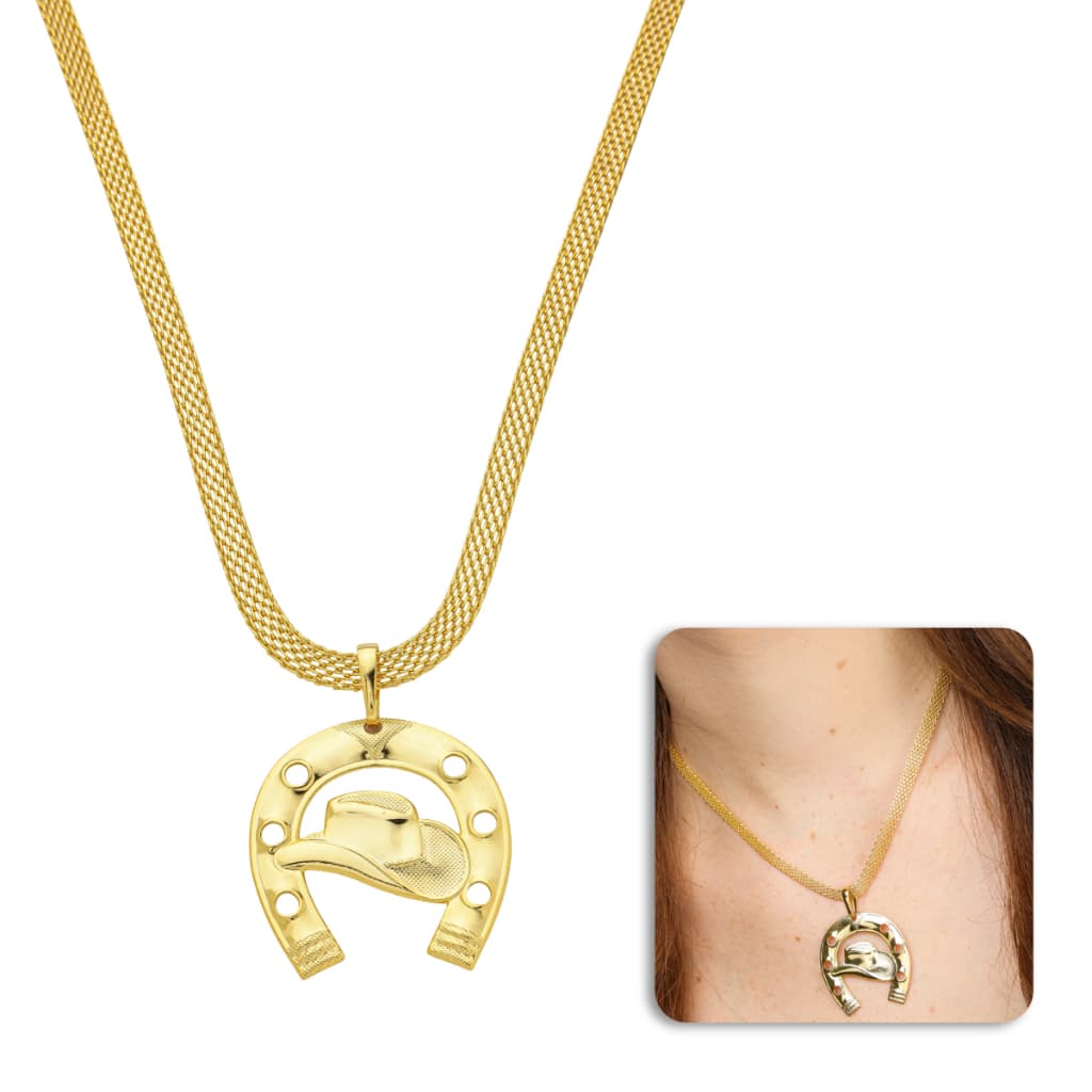 Conjunto Country Feminino em Moeda Antiga  Cordão Laminado + Pingente Ferradura Chapéu Boiadeira