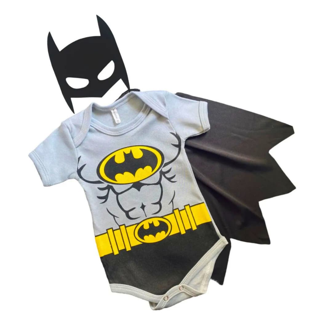 Body Bebê Batman com Capa e Máscara – Fantasia Infantil Cinza