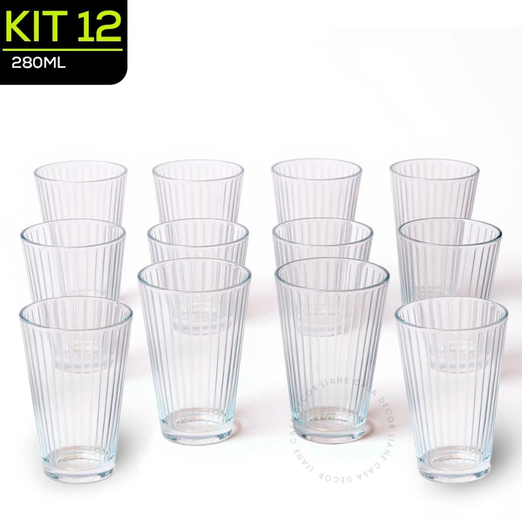 Jogo 12 Copos Vidro 280ml Baixo Canelado Transparente Drinks Linha Cristal Luxo Elegante Resistente