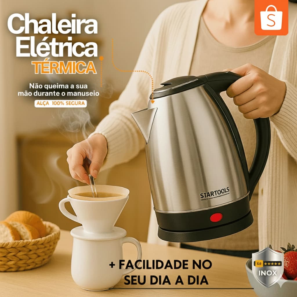 Chaleira Jarra Elétrica Inox 2 Litros Automática 1500W Desligamento Seguro 220V Café Chá Água
