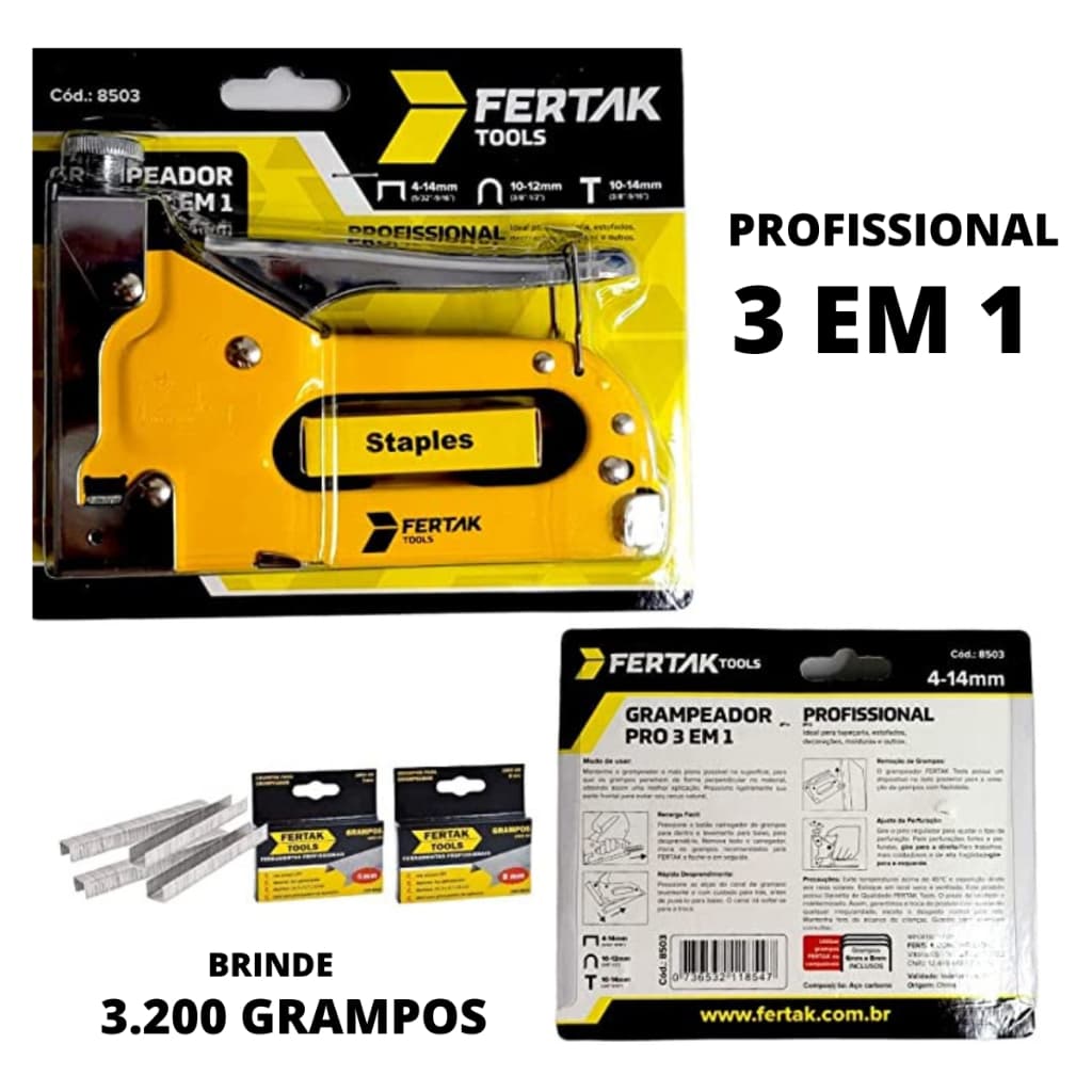 Grampeador Tapeceiro Profissional Alta Pressão + 3.000 Grampos 8mm Fertak Tools