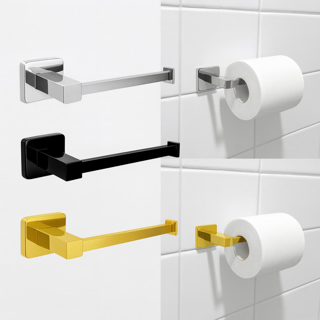 Porta-Rolo de Papel Higiênico com Suporte Quadrado em Aço Inoxidável para Parede – Disponível nas Cores Dourado, Prata e