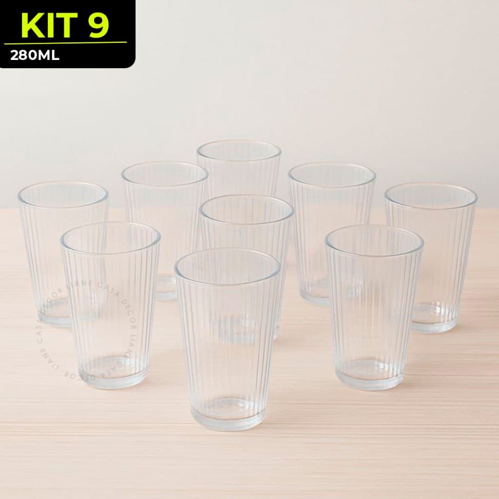 Kit Jogo 9 Copos Vidro 280ml Baixo Canelado Transparente Drinks Elegante Resistente