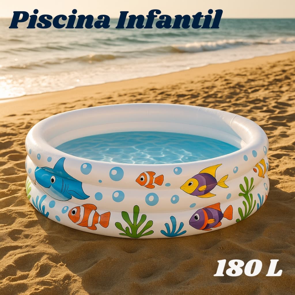 Piscina Infantil 180L Redonda Inflável Água e Bolinha Estampa Fundo do Mar Criança Verão de Luxo
