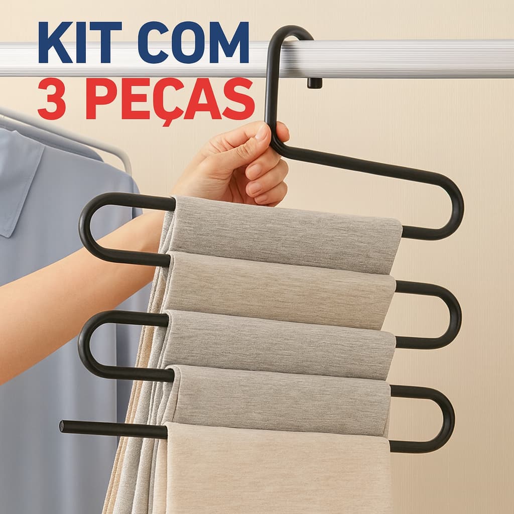 Kit 3 Cabide De Metal S Para Calças Saia Vestido Camiseta E Multiuso Com 5 Divisórias 35x34 cm