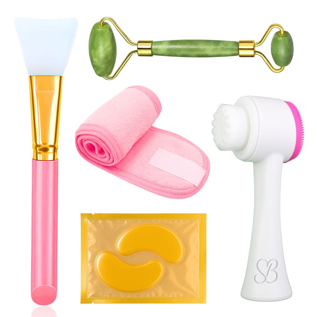 Kit Skincare Faixa de Cabelo Rolo de Jade Pad Olheira Escova Facial Espátula de Silicone