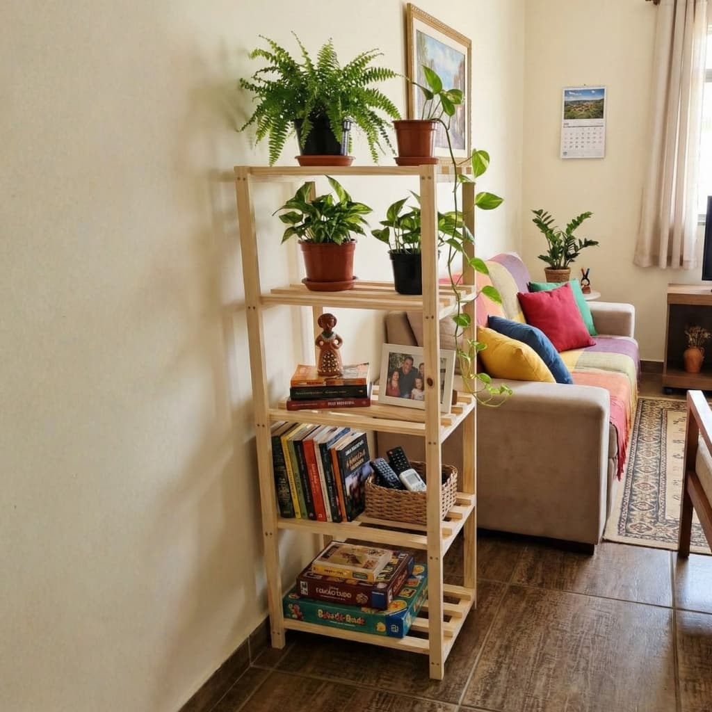 Estante de Madeira Pinus 5 Prateleiras Compacta Multiuso e Decorativa