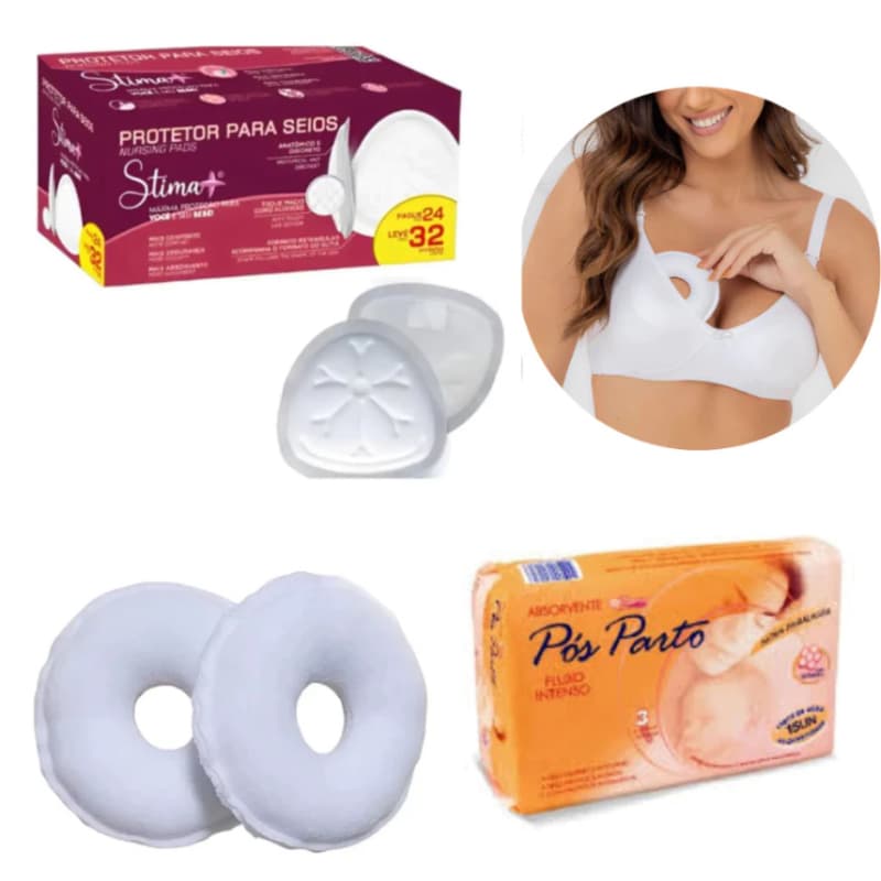 KIT CUIDADOS PÓS PARTO ABSORVENTE PÓS PARTO 15 UN/ROSQUINHA PARA SEIOS/ABS PARA SEIOS 32 UN