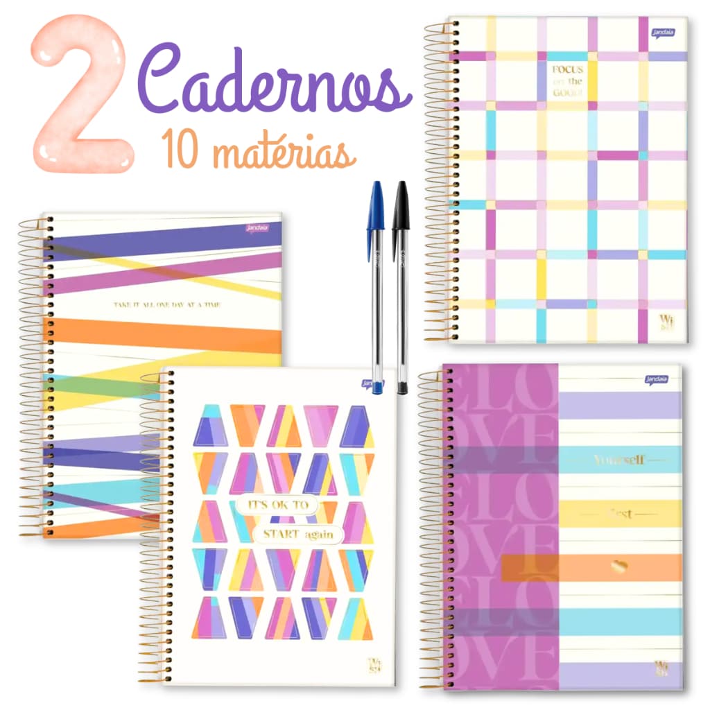 Caderno 10 matérias Feminino Universitario Grande Jandaia com Adesivos KIT 2 unidades Menina Cor Wish