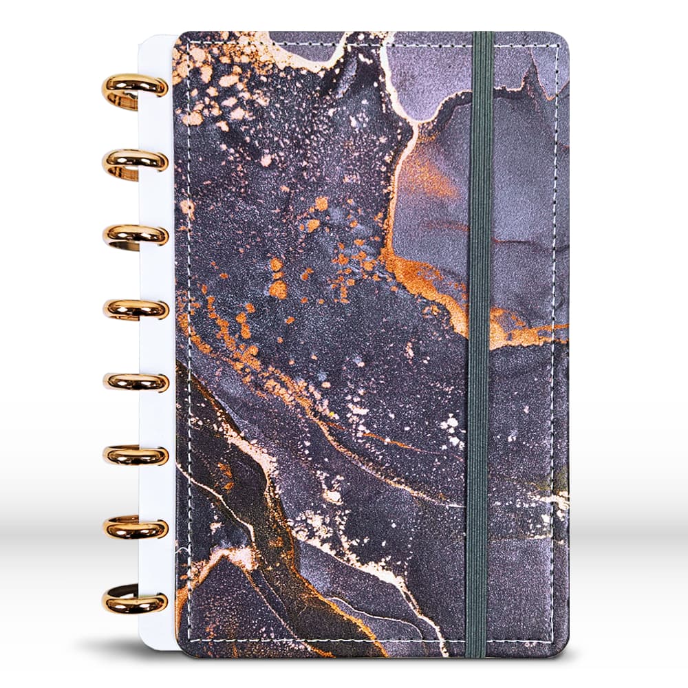 Caderno Inteligente A5 Ônix Marmorizado e Cores 80 Folhas com Discos Metálicos e Elástico – Reposicionável