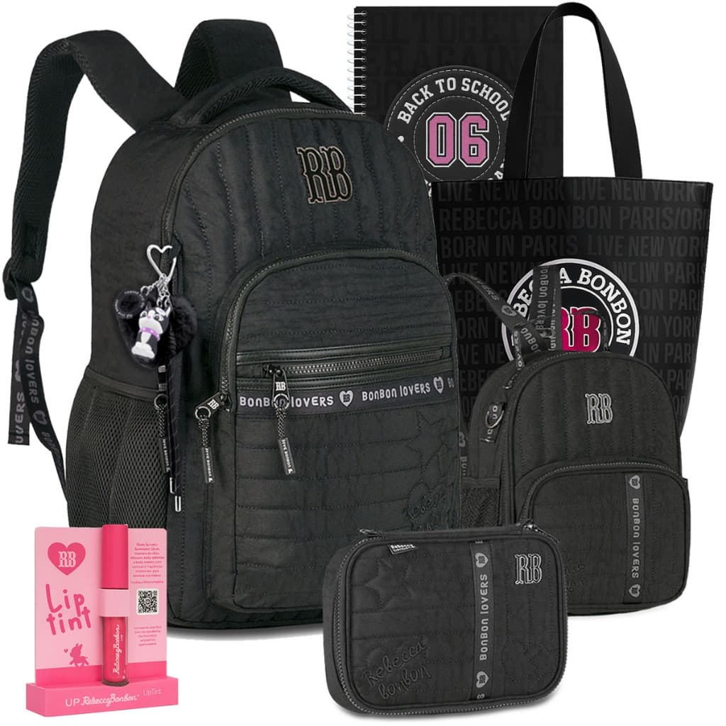 Kit Mochila RB Rebecca Bonbon Jeans Lançamento Escolar Lancheira Estojo 2026 com Brinde