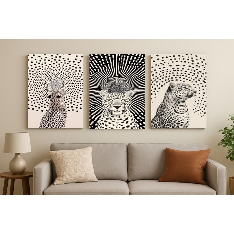 Quadros Decorativos Onça-Pintada (3 Peças) 40x60cm - Estilo Op Art P&B - h.e.p Decore
