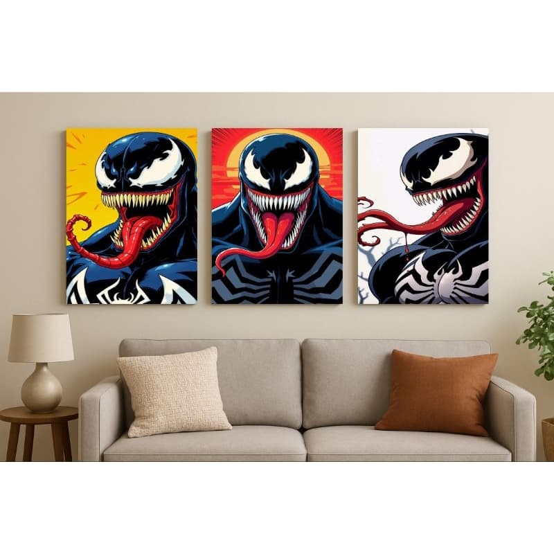 Quadros Decorativos Venom Marvel Comics (3 Peças) 40x60cm - Estilo Pop Geek - h.e.p Decore
