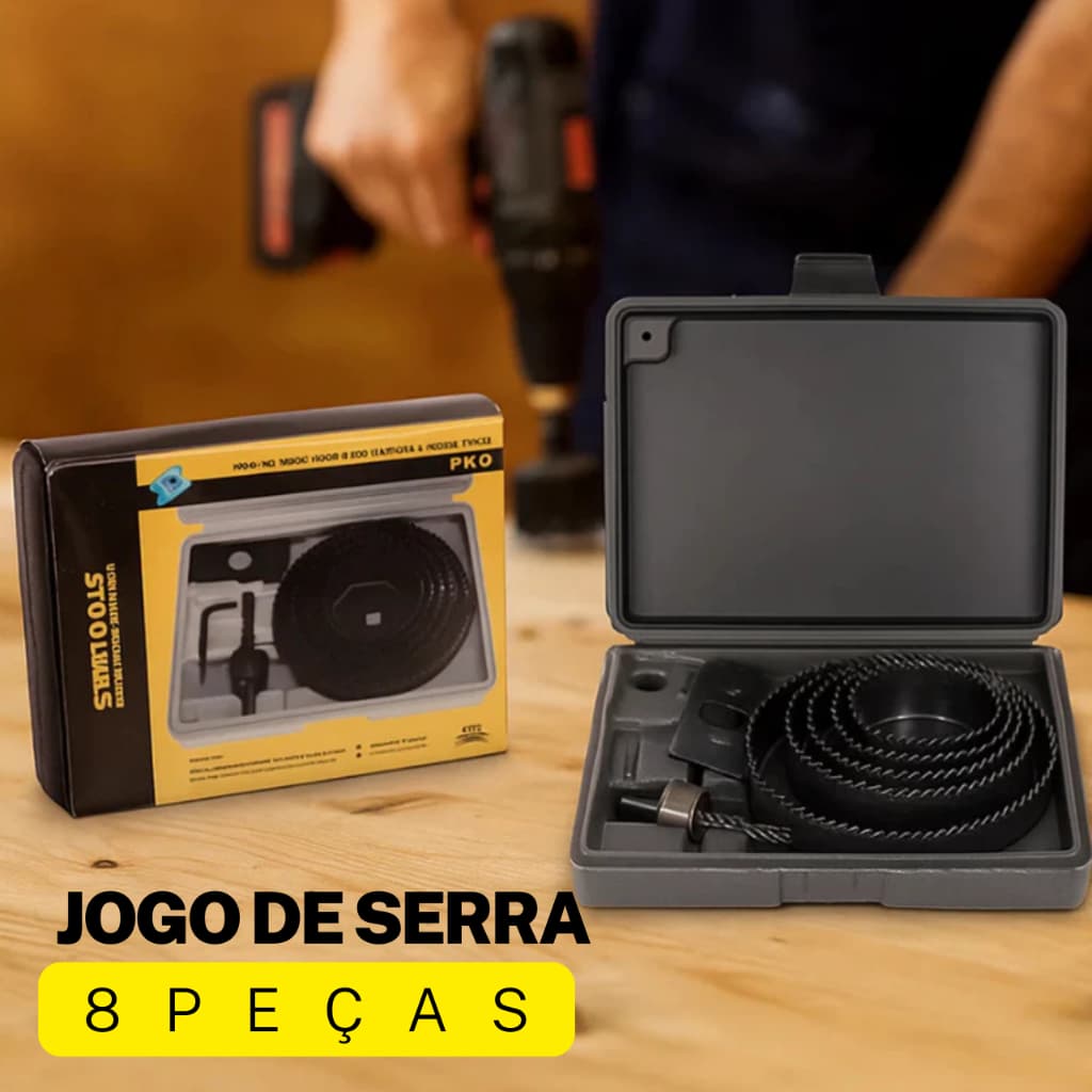 Jogo Serra Copo 8 Peças Mandril Chave Allen Madeira Metal PVC Profissional