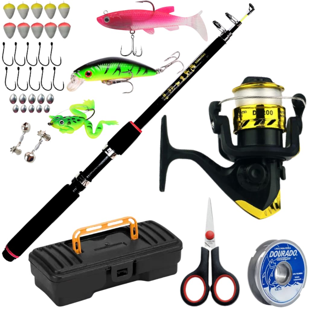 Molinete com Vara de Pesca Telescopica Anzol Chumbada para pescar Tilapia Tucunare Lambari Mandi Kit