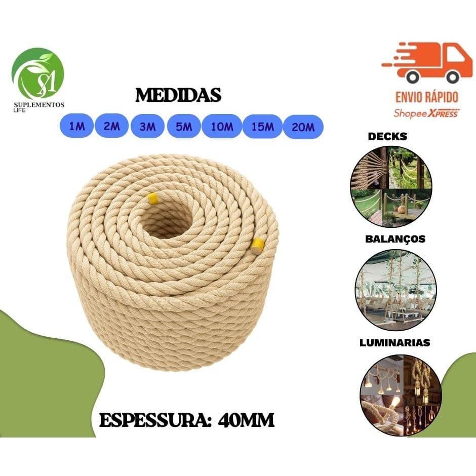Corda De Sisal 40mm Decks Cross Balanço Decoração Arte Luminária  Escalada   - TAMANHOS 1MT A 20MTS