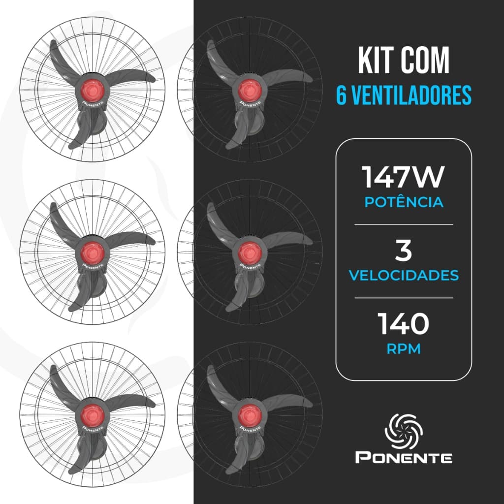Kit 6 Ventiladores de Parede Ponente Good 60cm Oscilante Alta Potência Ventilação Comercial