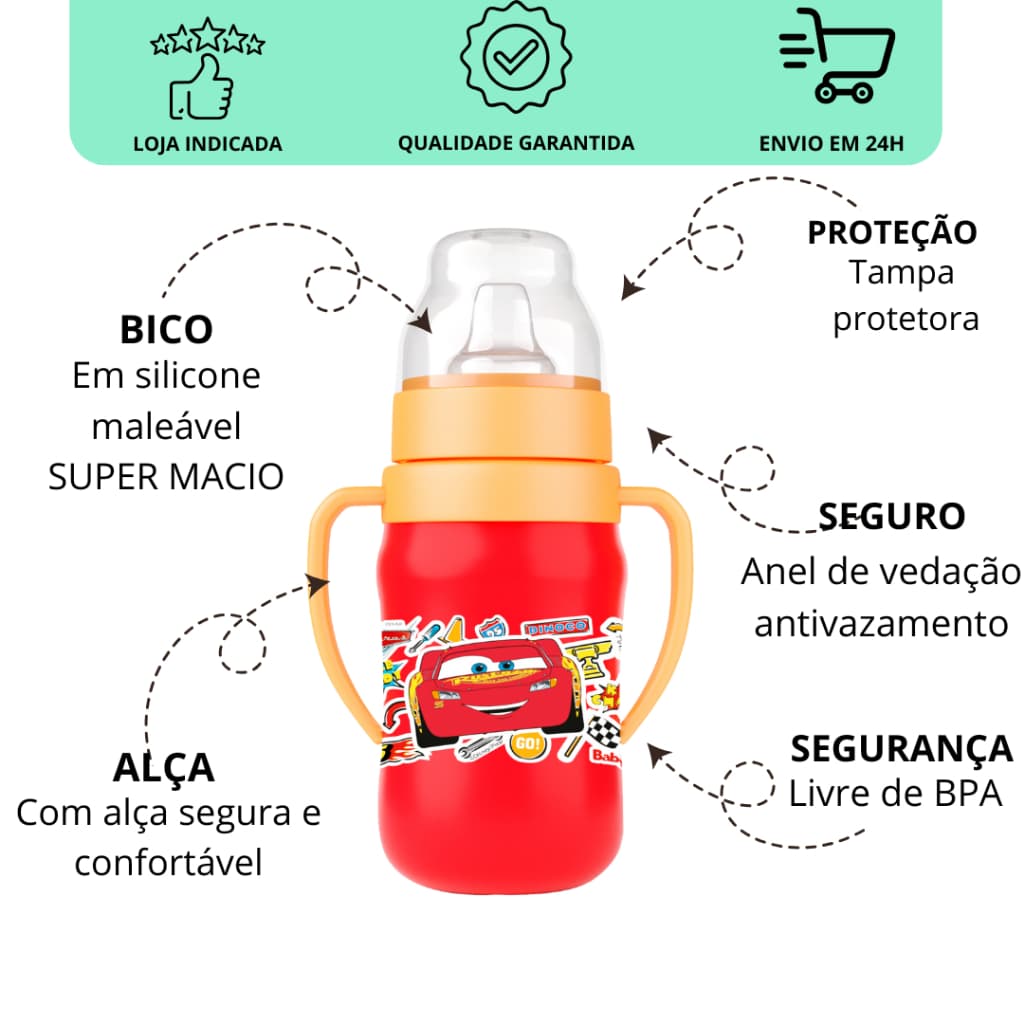 Copo treinamento Infantil 300ml com Bico de Silicone Macio e Alça – Disney Carros relâmpago Mcqueen