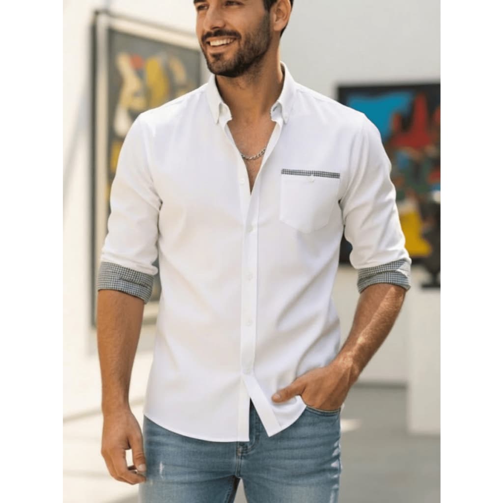 Camisa Social Manga Longa Slim Fit Camisa Com Algodão Premium Com detalhes Xadrez