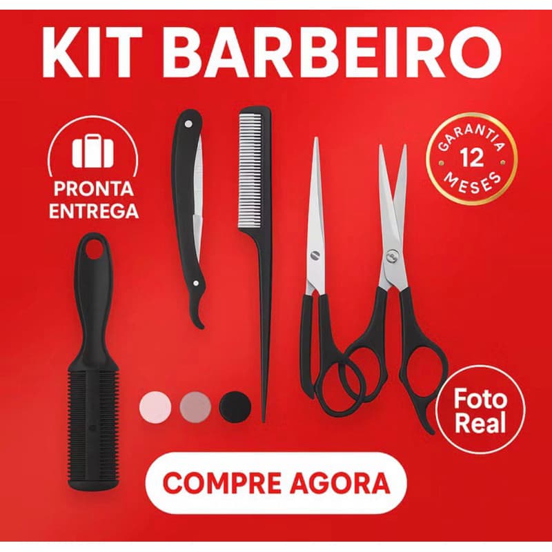 KIT BARBEIRO CABELO 4 PEÇAS PROFISSIONAL TESOURA NAVALHA PENTE E PENTE COM LAMINA