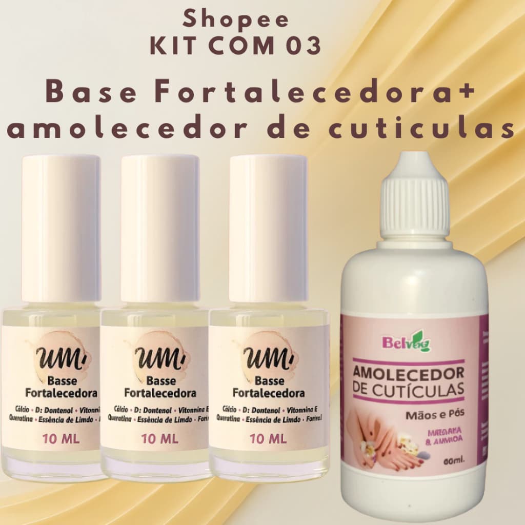 kit 03 Base Fortalecedora WM + Amolecedor de Cutículas Manicure Salão Qualidade Premium