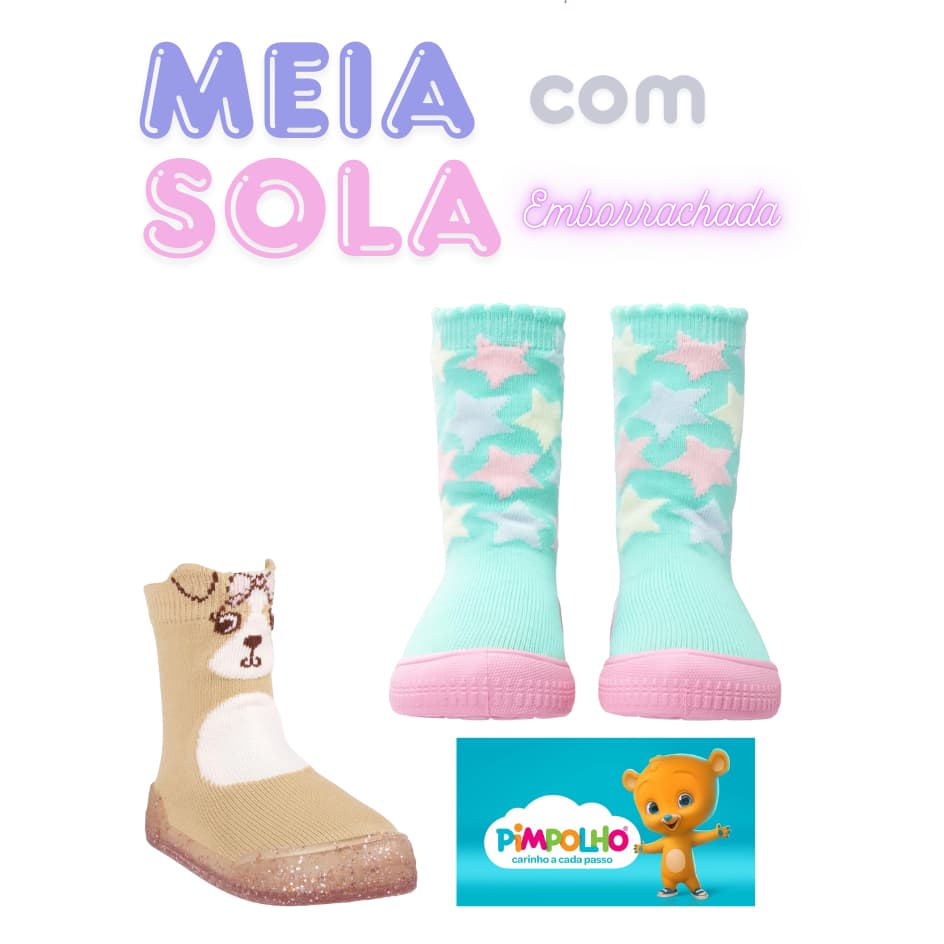 Meia com sola emborrachada , antiderrapante Pimpolho, cano alto ludica para Bebês ,primeiros passos.