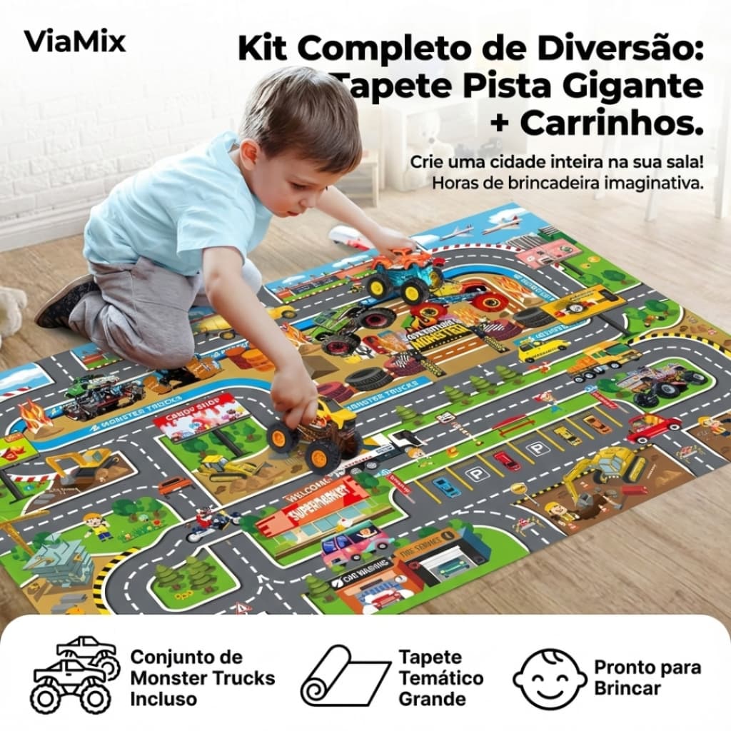 Conjunto Tapete de Atividades Pista Gigante + Carrinhos Monster Truck - Kit Brinquedo Cidade