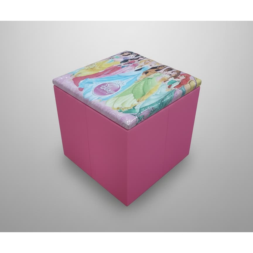 Puff Baú Princesas Infantil 45x48cm Organizador Decorativo Guarda Brinquedos Quarto Menina