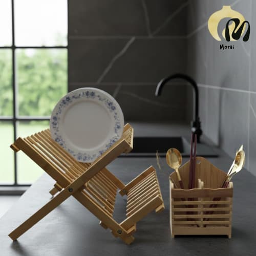 kit Porta Talher Bambu Moderno e Escorredor de Pratos de Bambu com 11 e 14 Divisórias