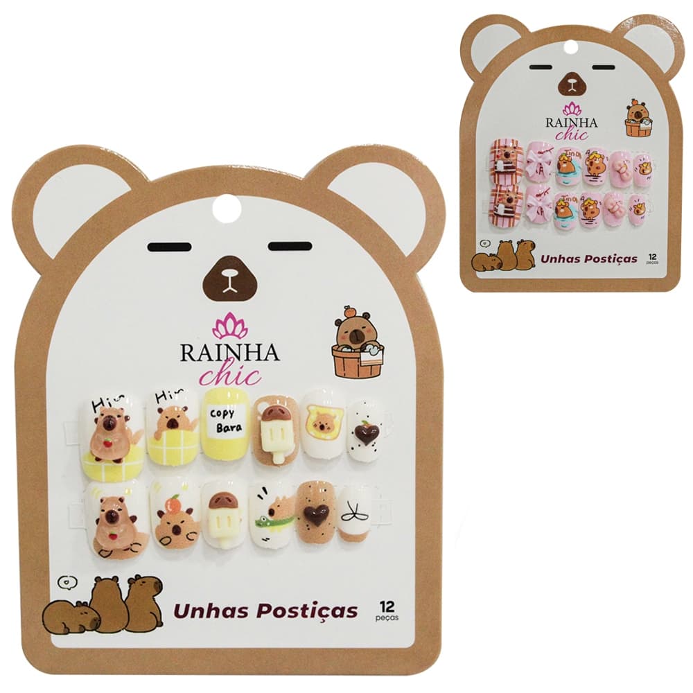 KIT DE UNHAS POSTICAS INFANTIL PARA MAOS CAPIVARA RAINHA CHIC COM 12 PECAS Código 4305008