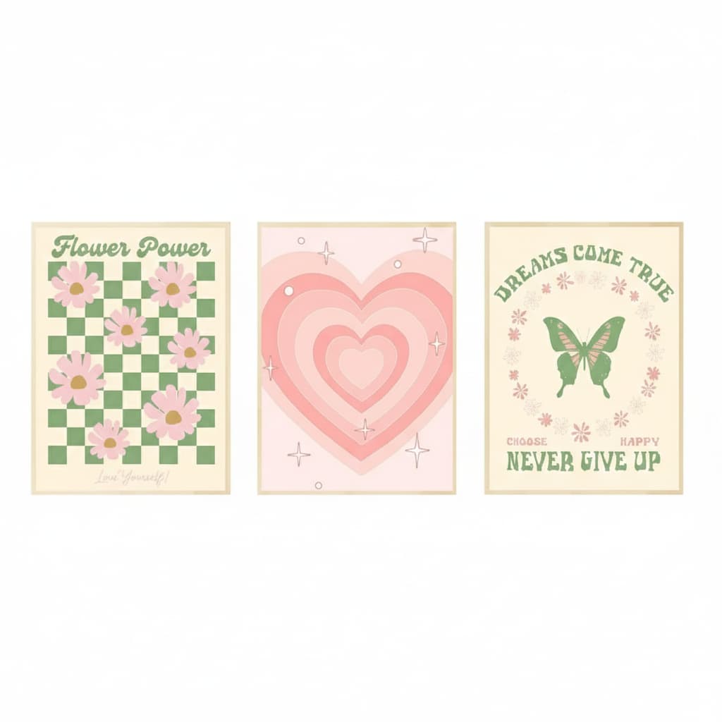 Quadros decorativos Verde abstrato imagens delicadas, fofas e divertidas (3 peças)