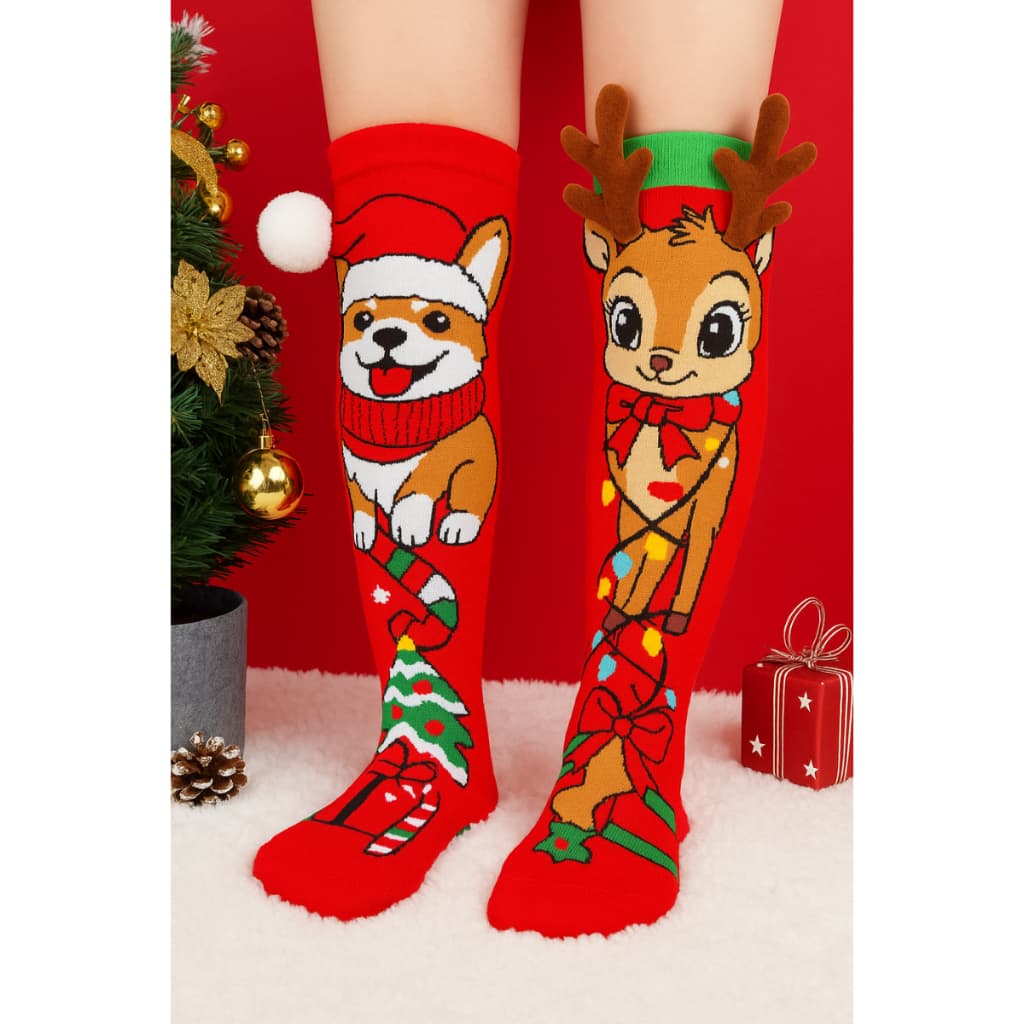 Meia Divertida Natalina 3D Infantil Papai Noel e Amigos no Natal Tamanho 24-34