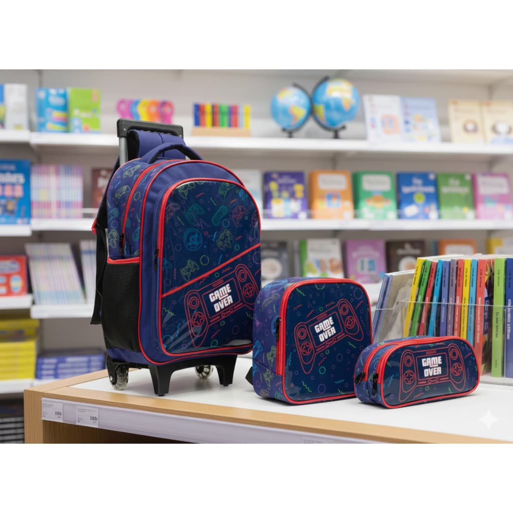 Kit Escolar 3 peças — Mochila com Rodinhas + Lancheira térmica + Estojo Duplo Tema Gamer GAME OVER