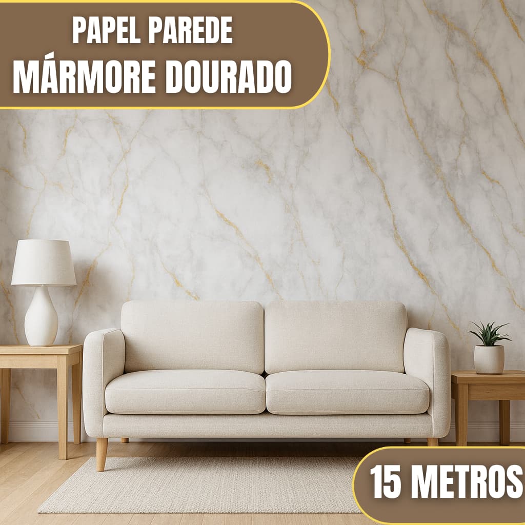 Papel Adesivo Parede Marmore Dourado c/ Branco 5m 10m 15 Metros Antimofo Impermeável Resistente Agua