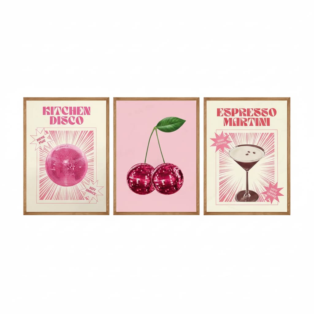 Quadros decorativos Retro Disco Bola Cerejas Espresso Martini Cocktail (3 peças)