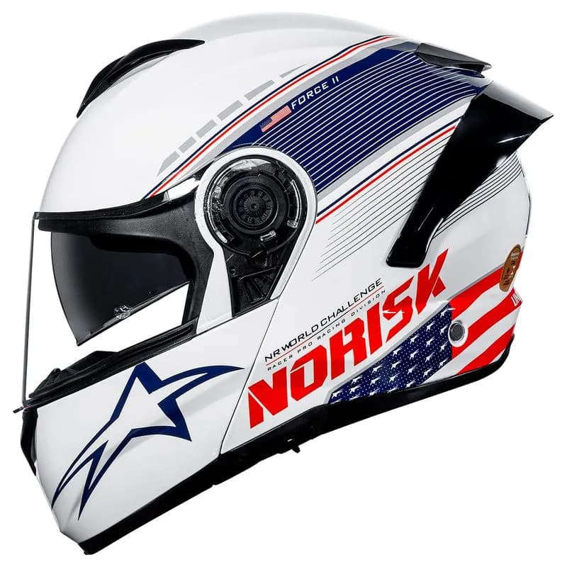 Capacete Norisk Force II Grand Prix Países USA - Branco Azul Vermelho (Articulado/Escamoteavel)