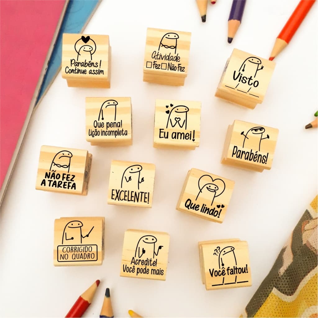 Mini Carimbo Pedagógico 2x2cm Artesanal  Kit Flork Bento Meme Professora Escolar Professor Educação Infantil