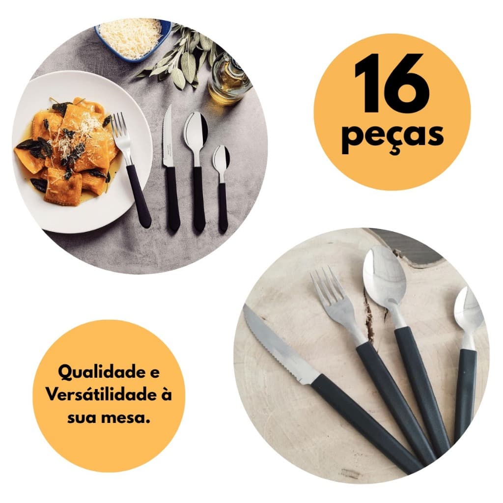 Jogo de Talheres 16 peças Inox com Cabo de Plastico Utensilios para Cozinha