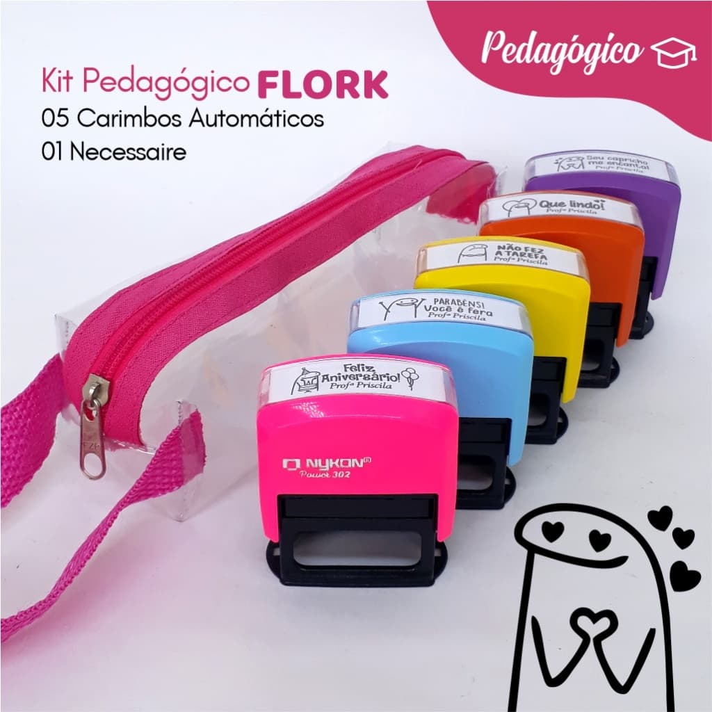 Kit 5 Carimbos Pedagógicos Flork + Necessaire Pedagógico Professor Professora Infantil Personalizado