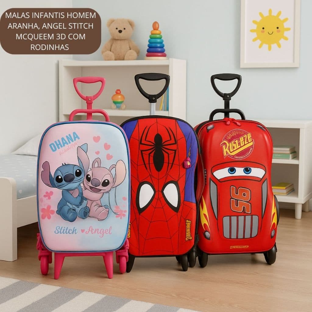 Malas Infantis Homem Aranha/Cars Mcqueen/ Stitch e Angel 3D com Rodinhas - Multicolorida Escola Passeio
