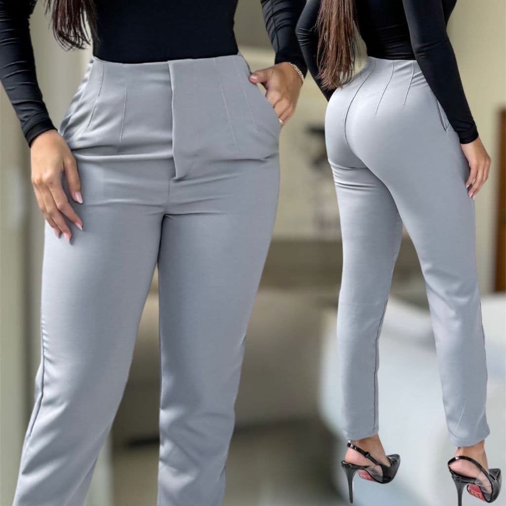Calça Feminina Alfaiataria Social Cintura Alta Com Zíper Lateral Casual Elegante