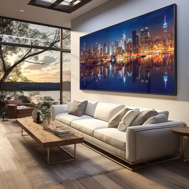 Quadro decorativo paisagem noturna, tela, arte visual, decoração, lago, prédios, cidade, noite, luz.