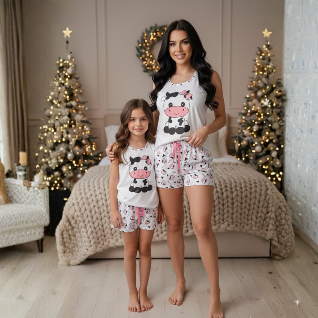 Kit Baby-doll Feminino Adulto E Infantil Estampa Vaquinha - Camiseta Alça Larga Mãe E Filha Verão Linha Premium