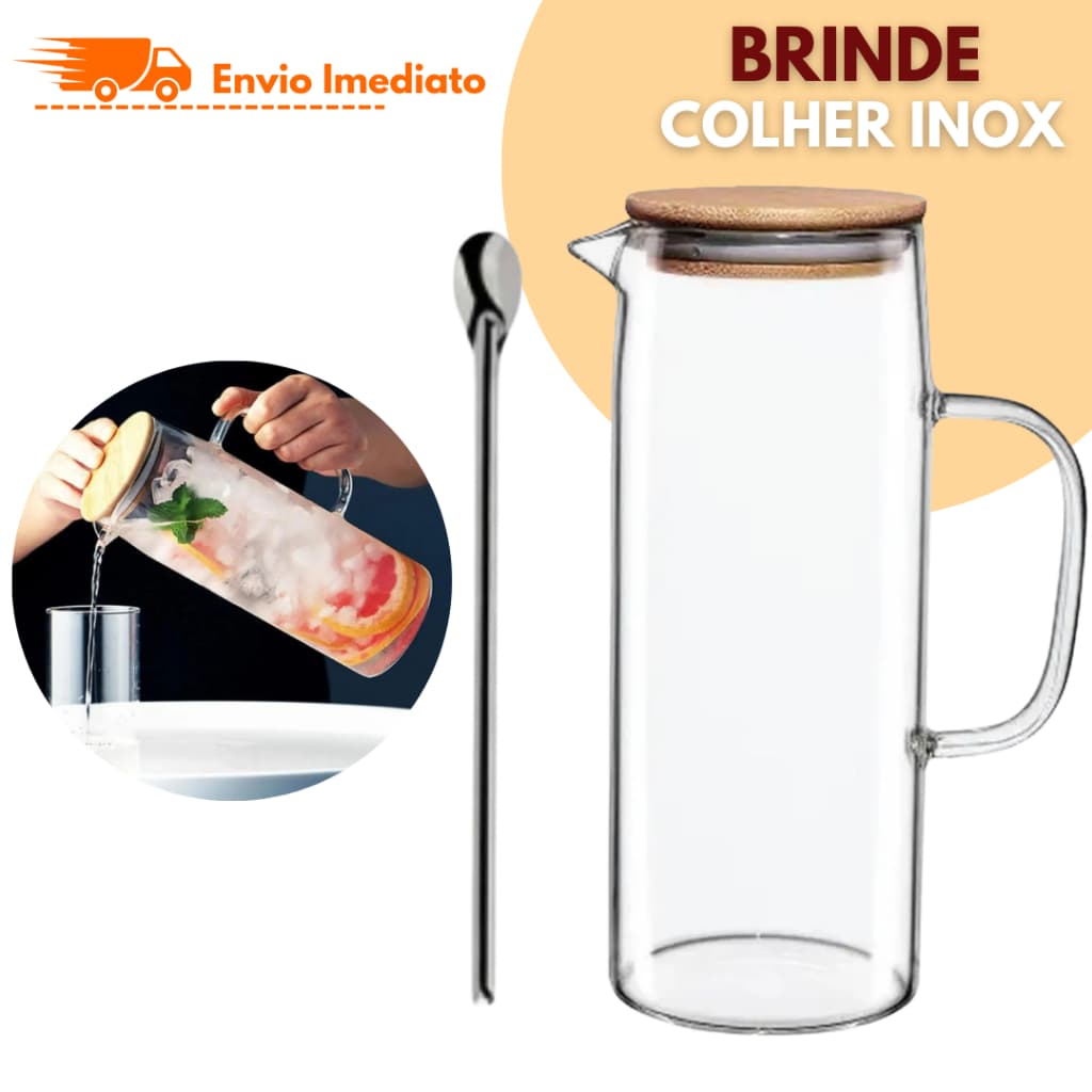Jarra de Vidro Borossilicato 1,2 Litros Lehavi com Tampa de Bambu e Colher Inox para Água e Sucos