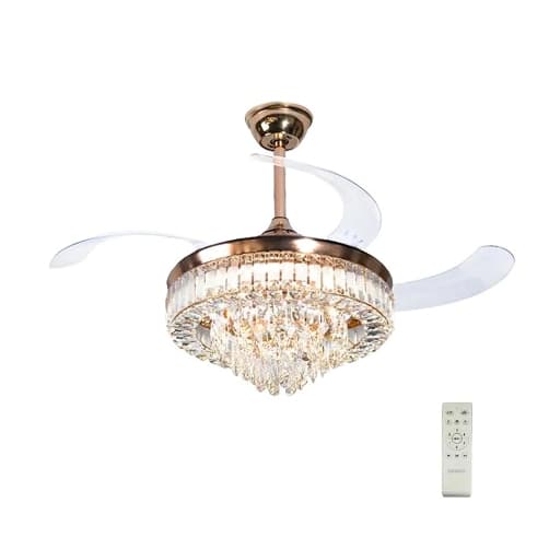 Ventilador de Teto e Luminária de Cristal Retrátil C Controle 78W Bivolt Dourado