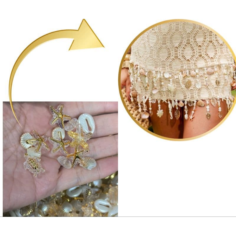 Miçangas Kit Entremeio Pingente para crochê  Bordado Mix FUNDO DO MAR 50gramas Dourado/Pérola aplicação Biquíni Cropped